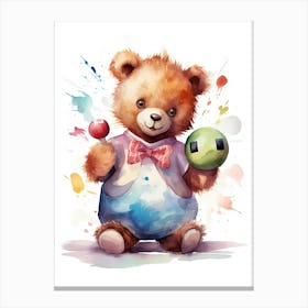 Bowling Teddy Bear Painting Watercolour 2 Canvas Print