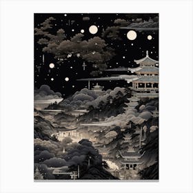 Shikoku Pilgrimage In Shikoku, Ukiyo E Black And White Line Art Drawing 1 Canvas Print