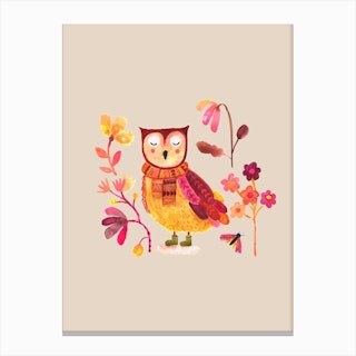 Owl With Boots Nursery Ivory Canvas Print