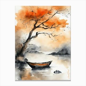 Small Boat Ink Painting Orange Canvas Print