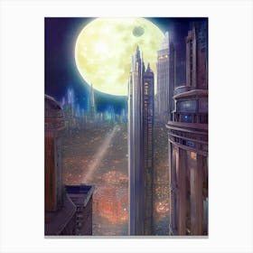 Artwork Outdoors Night Moon Full Moon Trees Setting Scene Moonlight City Futuristic Downtown Sci Fi Buildings Cityscape Skyscrapers Fantasy Gothic Background Town Architecture Canvas Print