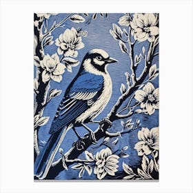 Vintage Bird Linocut Blue Jay 4 Canvas Print