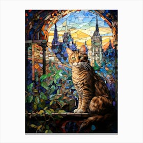 Mosaic Of A Cat In A Garden Blue & Green Canvas Print