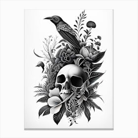 Skull With Bird Motifs Black And White Botanical Canvas Print