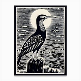 B&W Bird Linocut Cormorant 2 Canvas Print