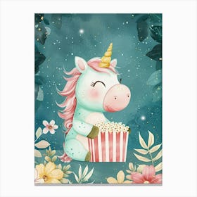 Cute Pastel Unicorn Eating Popcorn Blue Background 1 Canvas Print