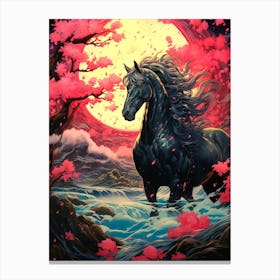 Black Horse In Cherry Blossoms 1 Canvas Print