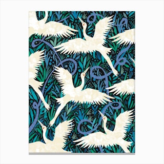  Blue Cranes Floral Pattern Canvas Print