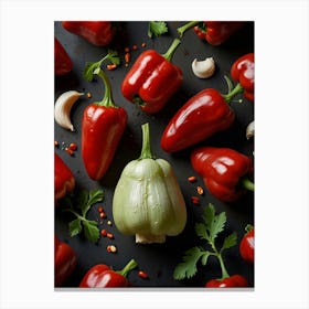 Red Peppers On Black Background Canvas Print