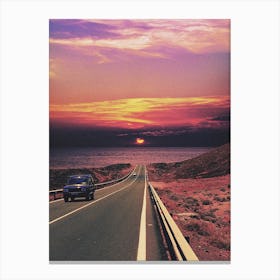 Retro Jeep On The Road At Sunset Canvas Print