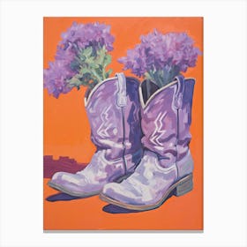 A Painting Of Cowboy Boots With Purple Lilac Flowers, Fauvist Style, Still Life 5 Canvas Print