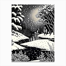 Snowflakes Falling By A Lake, Snowflakes, Linocut Canvas Print