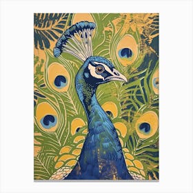 Blue Mustard Peacock With Tropical Leaves 1 Canvas Print