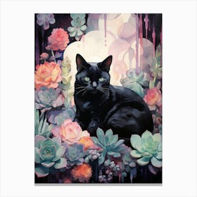 Black Cat In Succulents Canvas Print