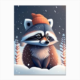 Raccoon With Orange Beanie In The Snow Canvas Print