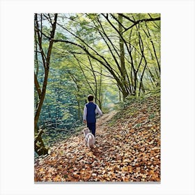 Autumn Walk in the Forest. Walking along a leaf-covered path in a dense forest. The trees are tall and their branches form a canopy overhead, with sunlight filtering through the leaves, creating a serene and picturesque scene. Canvas Print