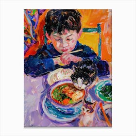 Portrait Of A Boy With Cats Having Ramen 1 Canvas Print