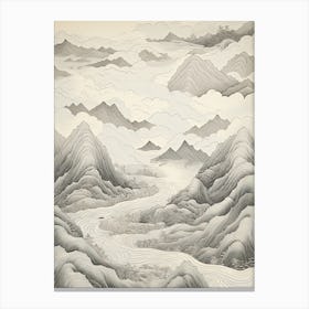 Chugoku Mountains In Multiple Prefectures, Ukiyo E Black And White Line Art Drawing 1 Canvas Print