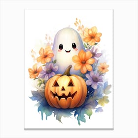 Cute Ghost With Pumpkins Halloween Watercolour 56 Canvas Print
