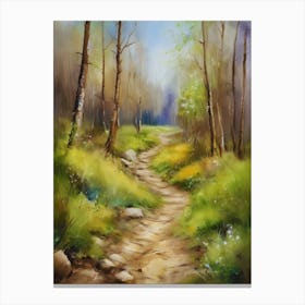 Path In The Woods.Canada's forests. Dirt path. Spring flowers. Forest trees. Artwork. Oil on canvas.7 Canvas Print