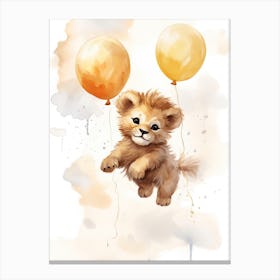 Baby Lion Flying With Ballons, Watercolour Nursery Art 1 Canvas Print