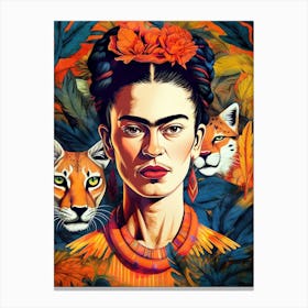 Frida  portrait illustration with wild cats Canvas Print