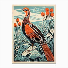 Vintage Bird Linocut Pheasant 4 Canvas Print