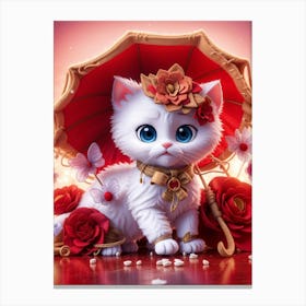 White Cat With Umbrella Canvas Print