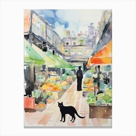 Food Market With Cats In Tokyo 3 Watercolour Canvas Print