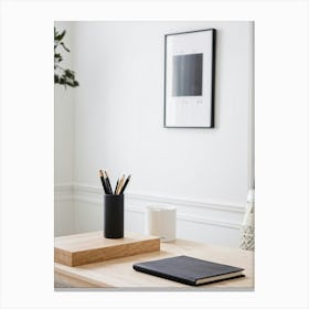 Scandinavian Minimalist Workspace Bathed In Soft Natural Light Featuring A Wooden Desk Hosting A Sl Canvas Print