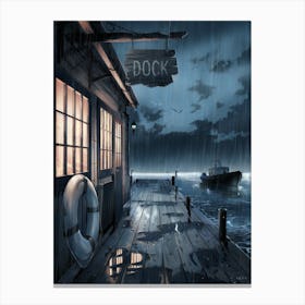 Anime Canvas Art: Rainy Dockside Scene with Wooden Pier and Stormy Sky, Perfect for Lofi Aesthetic and Moody Coastal Art Fans. Canvas Print