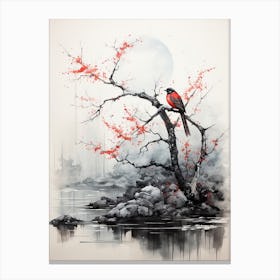 Red Bird, Japanese Brush Painting, Ukiyo E, Minimal 4 Canvas Print
