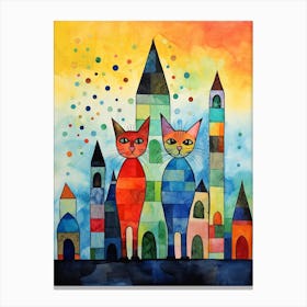 Two Patchwork Cats In Front Of A Medieval Town Canvas Print
