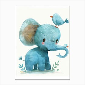 Small Joyful Elephant With A Bird On Its Head 7 Canvas Print