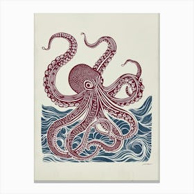 Red & Navy Blue Octopus In The Ocean Linocut Inspired 5 Canvas Print