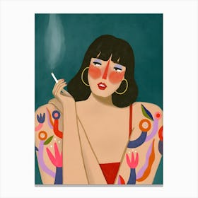 Woman With Tattoos Smoking A Cigarette Canvas Print