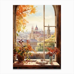 Window View Of Budapest Hungary In Autumn Fall, Watercolour 2 Canvas Print