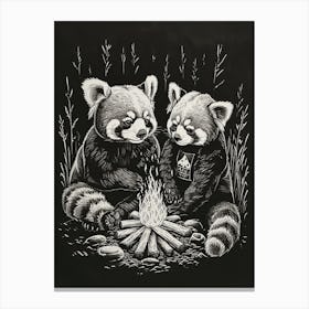 Red Pandas Sitting Together By A Campfire Ink Illustration 2 Canvas Print