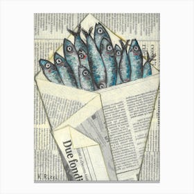 Small Fishes Anchovies In Bag On Newspaper Oil Painting Sardine Coastal Ocean Inspired Neutral Wall Decor Canvas Print