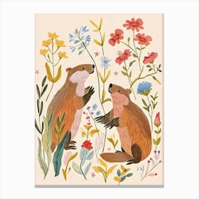 Folksy Floral Animal Drawing Beaver Canvas Print