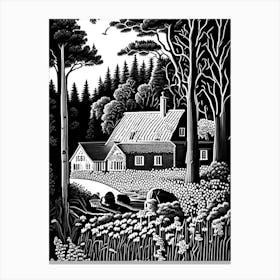 Rosendals Trädgård, Sweden Linocut Black And White Vintage Canvas Print