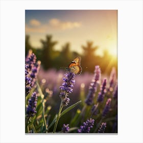 Butterfly In Lavender Field At Sunset Canvas Print