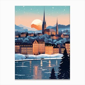 Winter Travel Night Illustration Zurich Switzerland 7 Canvas Print