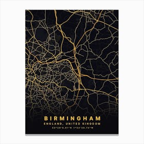 Birmingham England Black And Gold Map Canvas Print