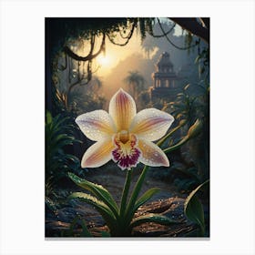 Orchid In The Jungle, Sunrise and ancient structure in the background Canvas Print