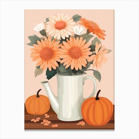 Pitcher With Sunflowers, Atumn Fall Daisies And Pumpkin Latte Cute Illustration 5 Canvas Print