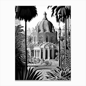 Balboa Park, 1, Usa Linocut Black And White Vintage Canvas Print