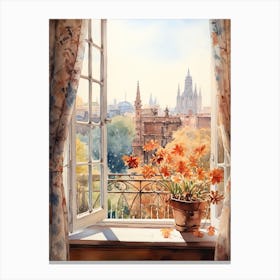 Window View Of Barcelona Spain In Autumn Fall, Watercolour 3 Canvas Print