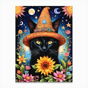 Magick Cat - Black Cat in Witch Witchy Hat Tarot Print - By Free Spirits and Hippies Official Wall Decor Artwork Hippy Bohemian Meditation Room Typography Groovy Trippy Psychedelic Boho Yoga Chick Gift For Her Canvas Print