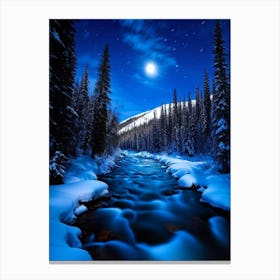 Midnight Wilderness Featuring A River Coursing Through Snowy Forests Under Moonlight Long Exposure Canvas Print